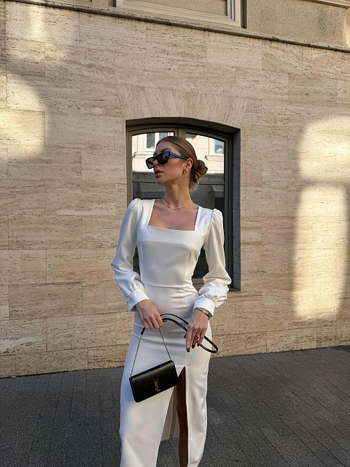 Женское вечернее элегантное миди платье с разрезом костюмка класса люкс Молочный, 46/48 Одесса - изображение 6