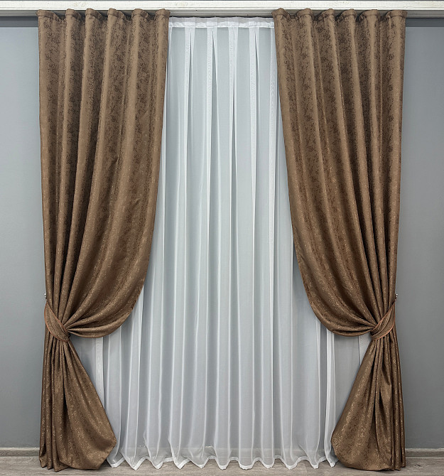 Комплект готовых штор VR-Textil Жаккард Мрамор Al1 № 660ш Коричневый 100х285 см 2 шт (31-750) Киев - изображение 2