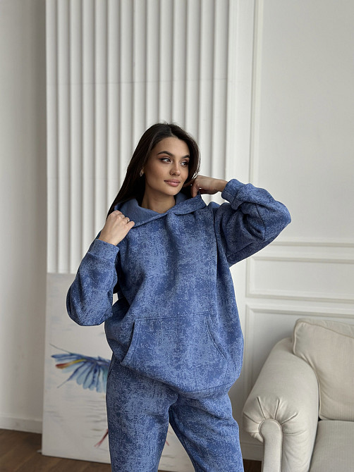 Теплый костюм женский мраморный принт на флисе Голубой L-XL Харьков - изображение 5