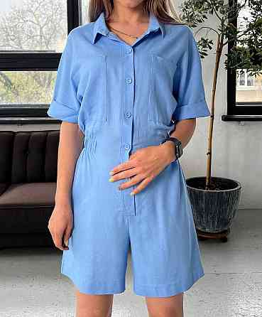 Легкий жіночий базовий комбінезон льон Блакитний, 42 Одеса