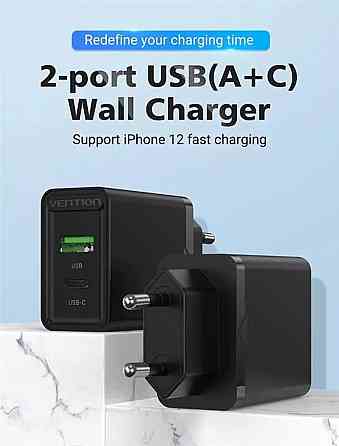 Зарядний пристрій Vention Two-Port USB(A+C) Wall Charger (18W/20W) EU-Plug Black (FBBB0-EU) Киев