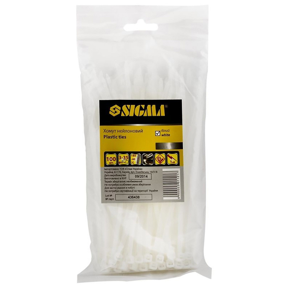 Sigma Хомут нейлон 3.6×250мм 100шт (белый) SIGMA (2501141) Київ - фото 1