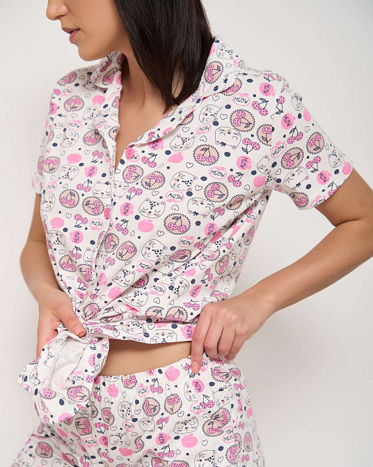 Женская пижама комплект рубашка с шортиками - коты и вишенки Nicoletta 60184 XL Киев - изображение 6