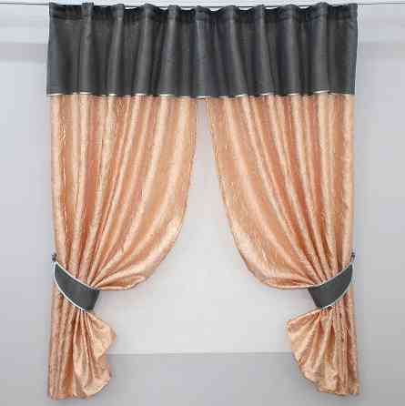 Кухонные шторы VR-Textil № 073к с ламбрекеном и подхватами персиковый с графитовым 270х170 см (52-0181) Киев
