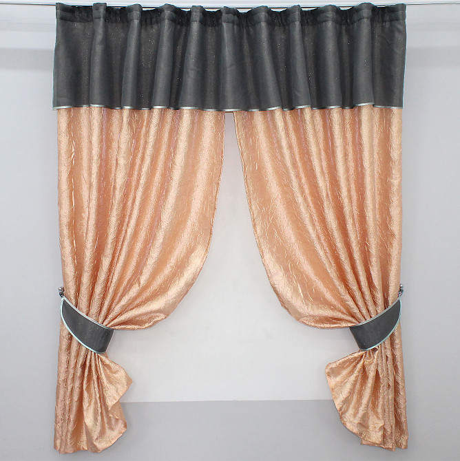 Кухонные шторы VR-Textil № 073к с ламбрекеном и подхватами персиковый с графитовым 270х170 см (52-0181) Киев - изображение 1