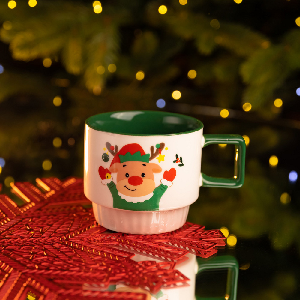 Новорічна порцелянова Новорічний олень 400 (мл) Біла з зеленим Yiwu FM-CS-50O Коломия - фото 1