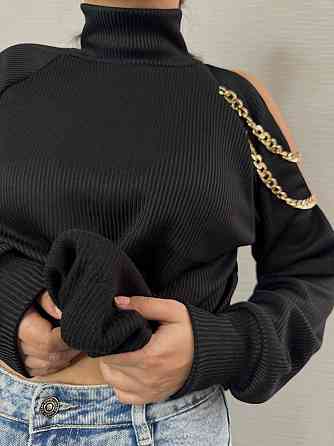 Стильний жіночий під горло светр із ланцюжком щільна ангора рубчик на фліс Чорний, 42/46 Одеса