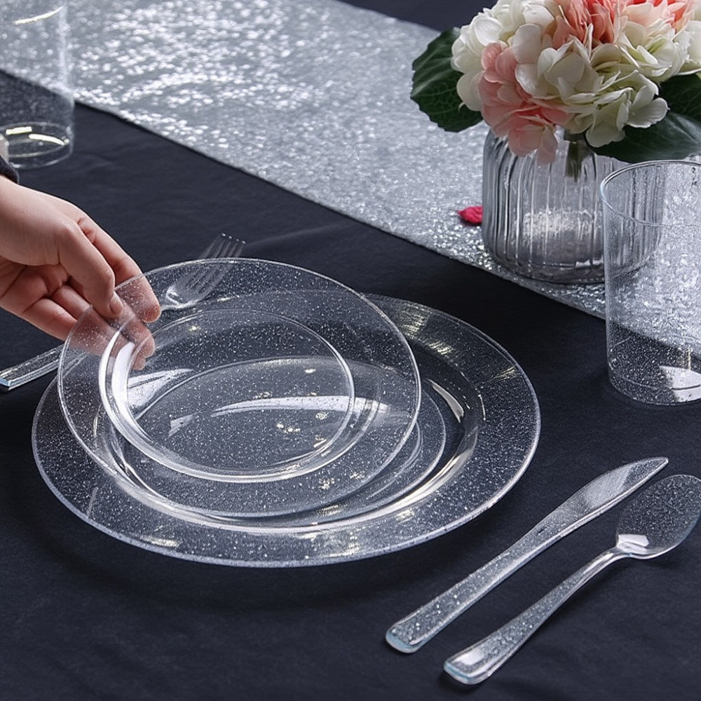 Набір тарілок пластикові 12 штук круглі,обідні 26 см і десертні 19 см, прозорі з блискітками Кам'янець-Подільський - фото 1