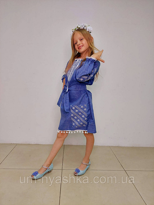 Дитяча сукня-вишинка вишите плаття "Джинс-помпони" на зріст 104-158 Кривий Ріг - фото 5
