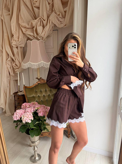 Женский стильный летний льняной костюм с кружевом Шоколад, 48/50 Одесса - изображение 7