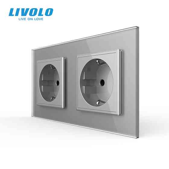 LIVOLO Подвійна електрична розетка з заземленням LIVOLO, сіра, скляна рамка, шторки, 250В 16А ( Коломия