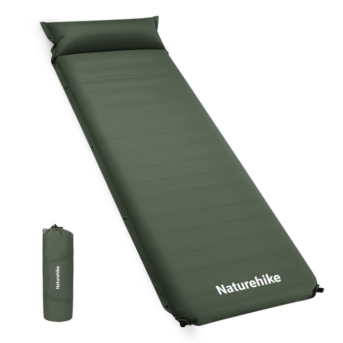 Килимок самонадувний одномісний з подушкою Naturehike CNK2450WS020, 100 мм, темно-зелений Киев - изображение 1