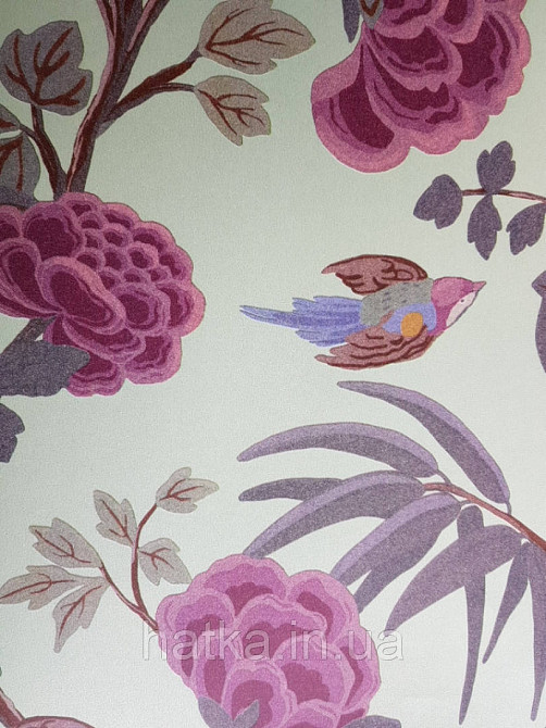 Шпалери флізелінові Decoprint екологічно чисті Daimon квіти листя гілки птиці рожеві сині на салатовому Київ - фото 3