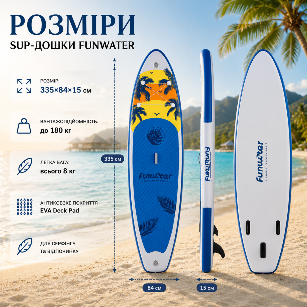 Надувная SUP-доска 335 см: устойчивая, грузоподъемность 180 кг, легкая (8 кг), для прогулок и серфинга Киев - изображение 3