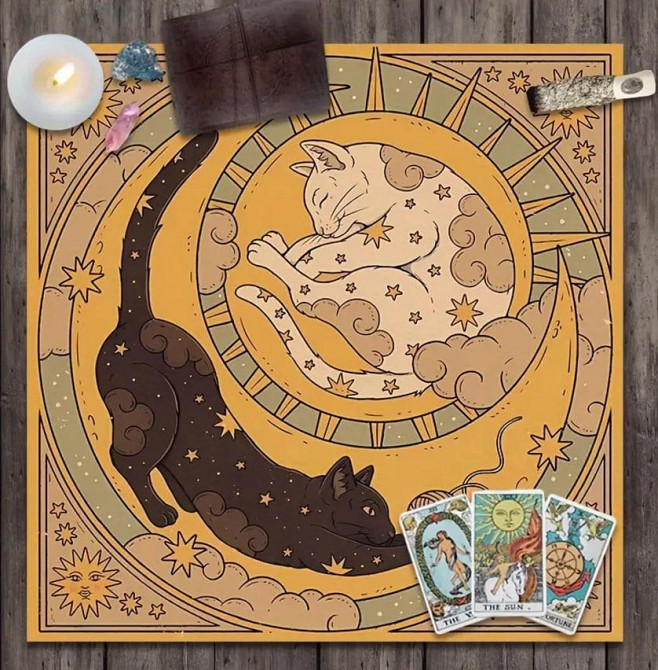 Алтарная скатерть для Таро и рун Скатерть для гадания 49*49 см | Рисунок с котом, солнцем и эхом Киев - изображение 4