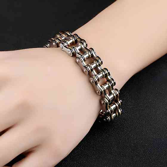 Чоловічий браслет RESTEQ із нержавіючої сталі у вигляді мотоциклетного ланцюга, чорно-золотий Київ