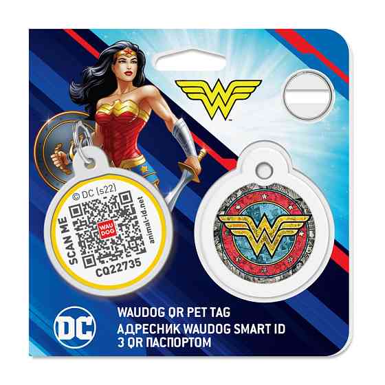 Адресник для собак і котів металевий WAUDOG Smart ID з QR-паспортом, малюнок "Диво-жінка 2", коло, Д 30 Вінниця