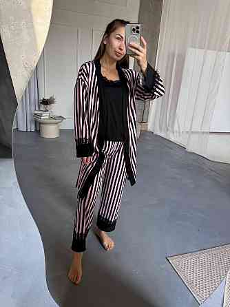 Женский домашний комплект четверка: брюки + майка + шорты + халат коттон Розовый, 50/52 Одесса