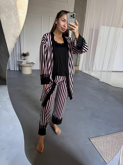 Жіночий домашній комплект: штани + майка + шорти + халат котон Рожевий, 50/52 Одеса - фото 6