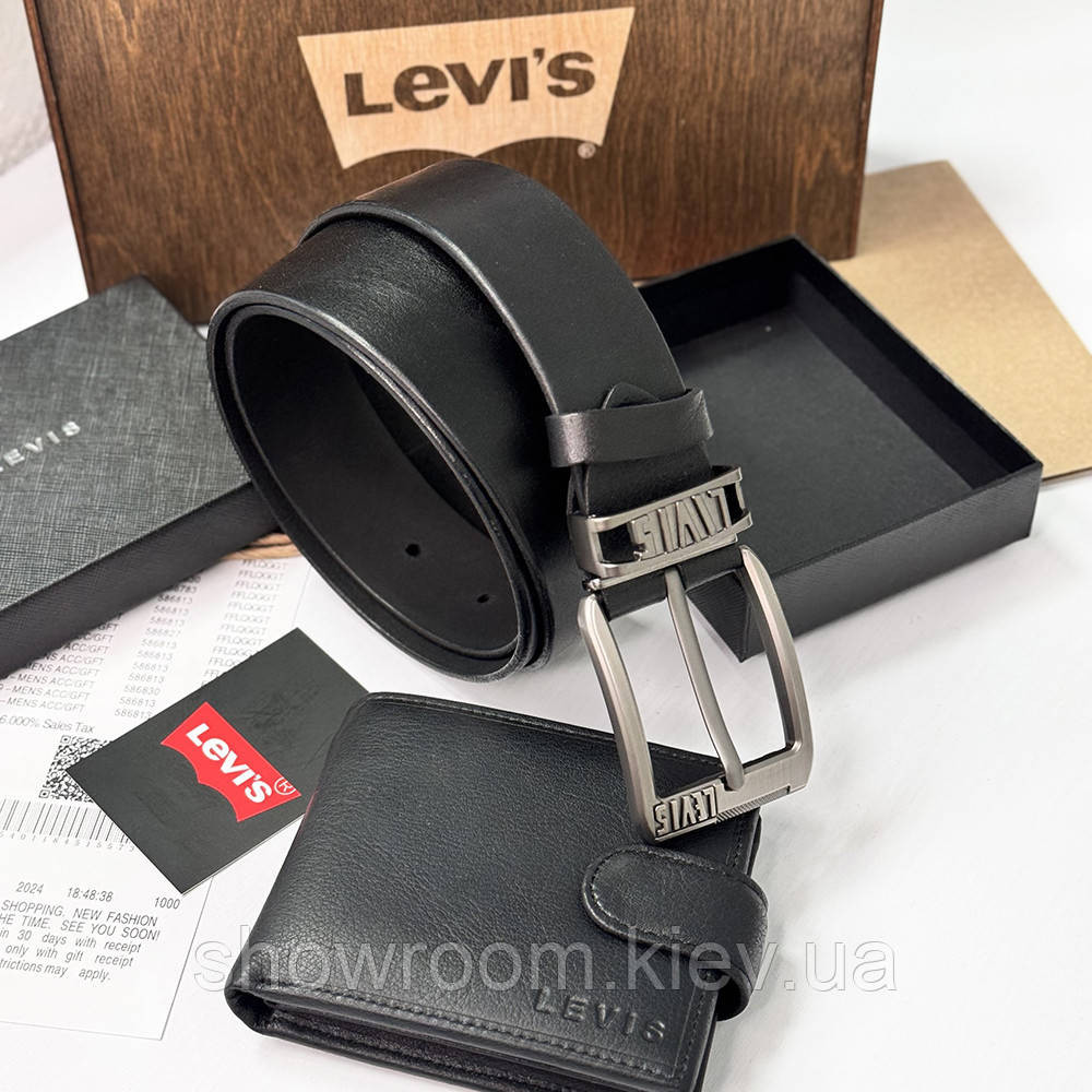 Мужской подарочный набор ремень и портмоне в деревянной коробке Levis (518) Киев - изображение 4