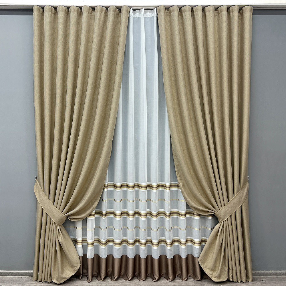 Комплект штор VR-Textil Лен Мешковина 150х270 2шт и Тюль 500х270 292ш-1579т Бежевый с молочным 71-160/4 Киев - изображение 1