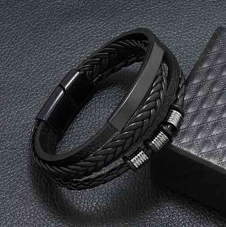 Чоловічий багатошаровий шкіряний браслет – чорний, 21 см Київ