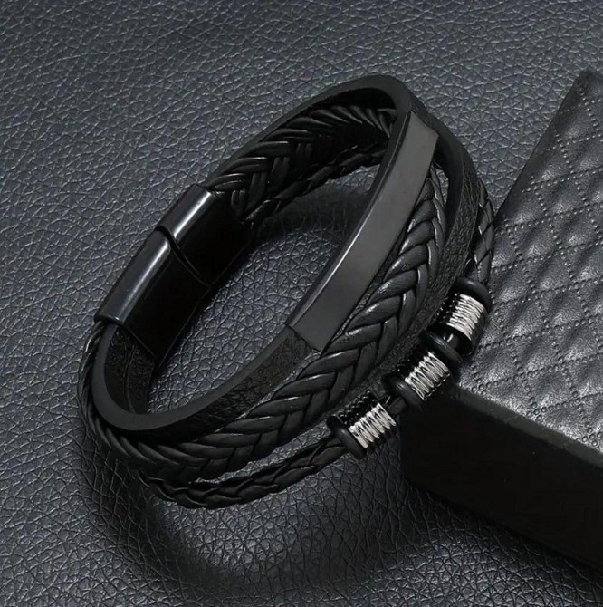 Чоловічий багатошаровий шкіряний браслет – чорний, 21 см Київ - фото 2