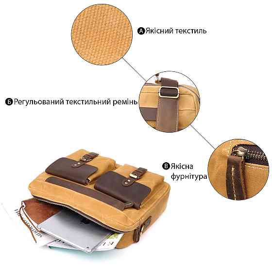 Стильний портфель з якісного текстилю зі шкіряними вставками Vintage 20874_1 Світло-коричневий Київ