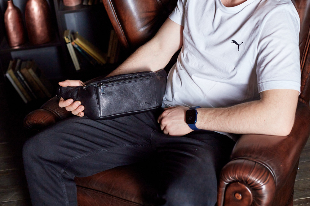 Сумка-бананка для телефону 11х25х8, стильний слінг із натуральної гладкої шкіри TD-31848 чорний Кам'янське - фото 17