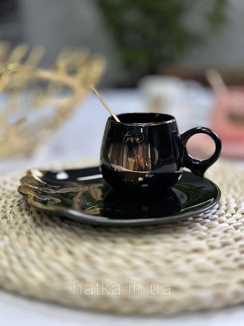 Чашка з блюдцем і ложкою 180 мл "Крилька" Olens чорна Київ - фото 2