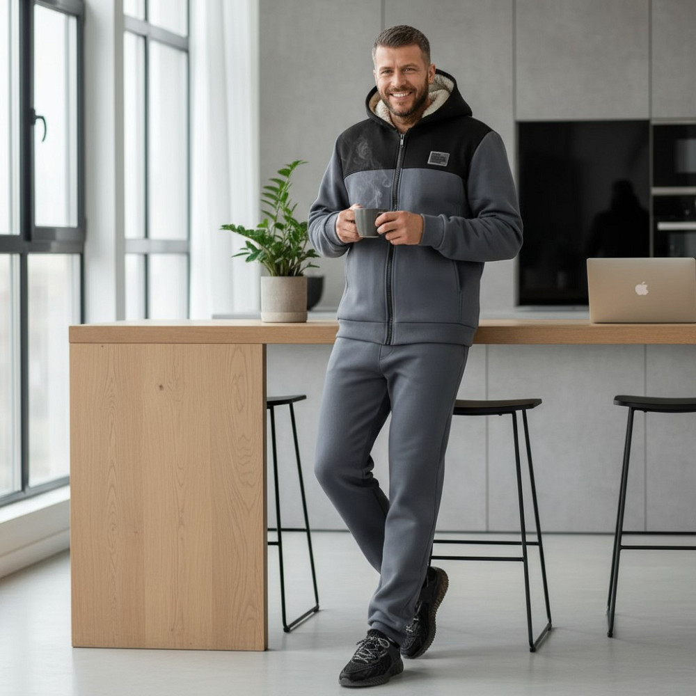 Зимовий чоловічий спортивний костюм на хутрі Сіро-чорний 48/50 Харків - фото 2