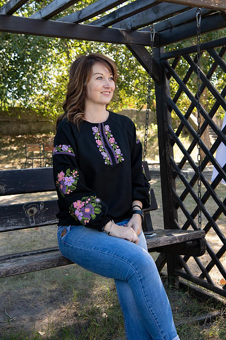 Вышиванка женская, льняная, черная, с длинным рукавом топ Киев - изображение 9