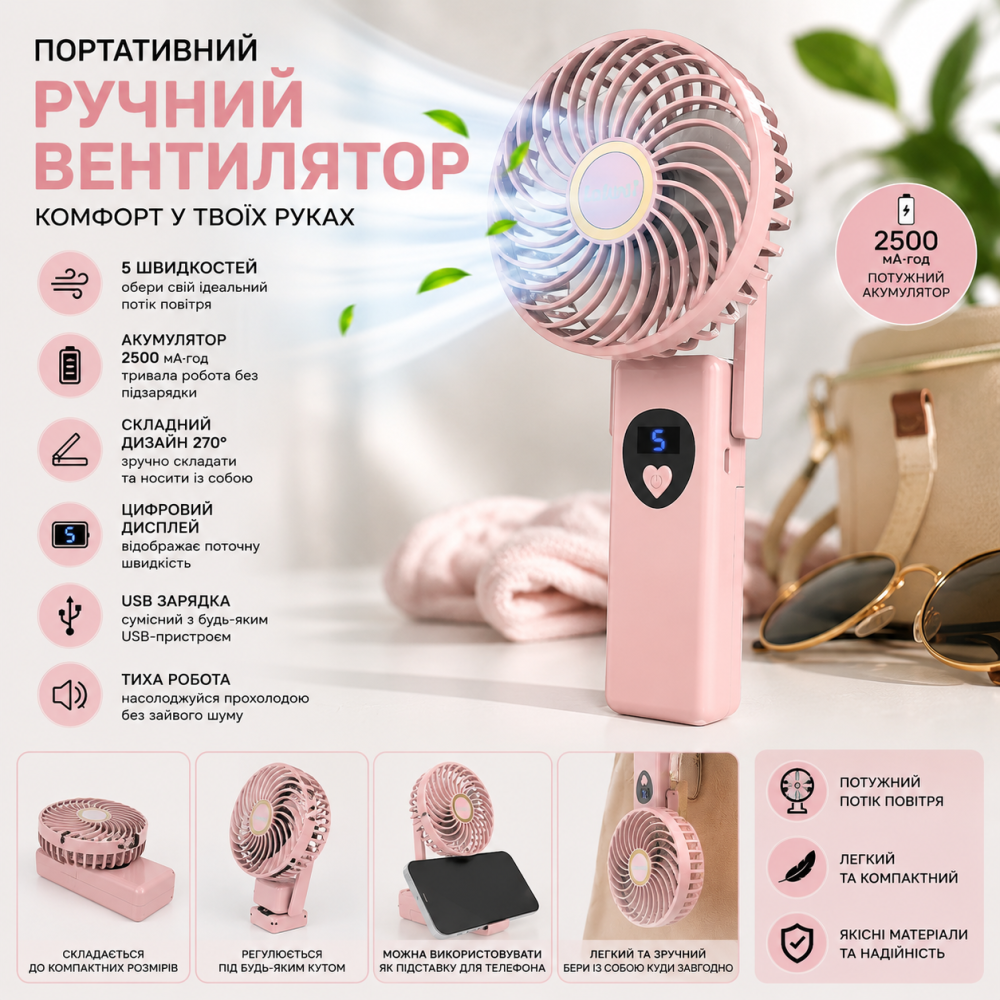 Портативний ручний вентилятор Labeol USB, акумулятор 2500 мА·год, 5 швидкостей, цифровий дисплей, складаний 270° Київ - фото 7