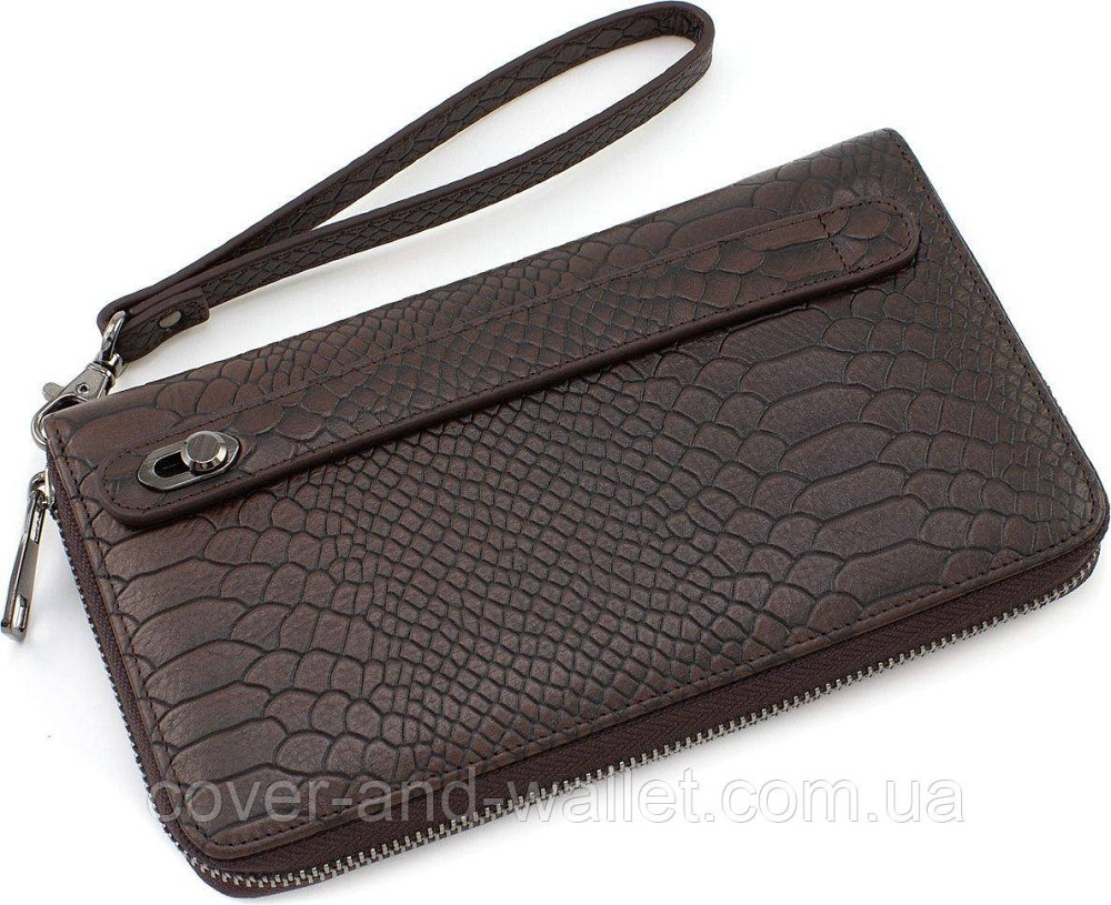 Коричневый мужской кошелек-клатч на молнии из кожи под крокодила Marco Coverna Киев - изображение 5
