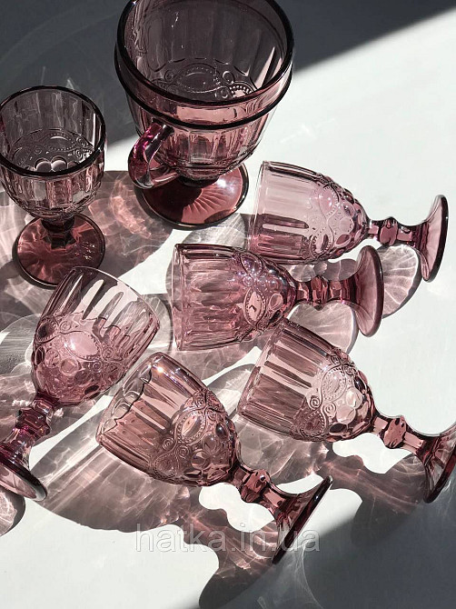 Набір для напоїв 7 предметів 6 шт. келихів + графин 1 л «Вінтаж» 300 мл рожевий Київ - фото 3