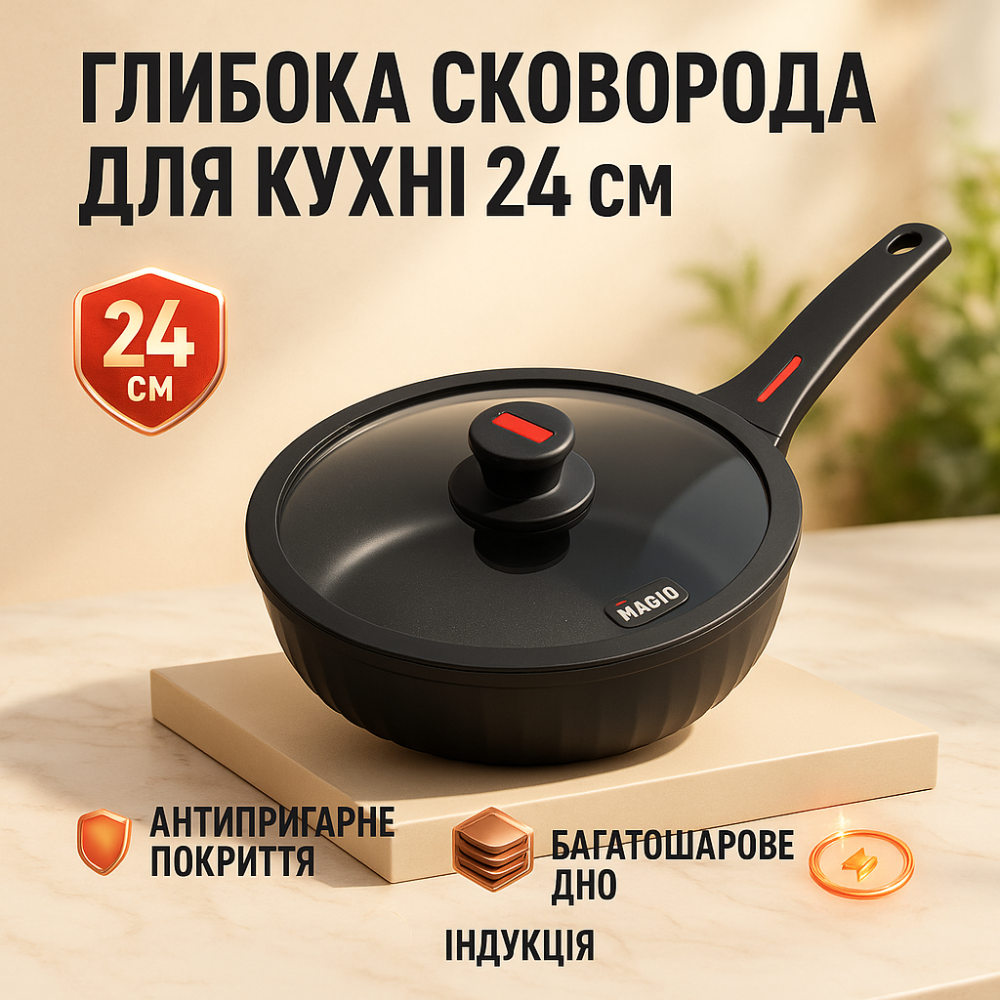 Сковорода гриль удобная Magio MG-1170 24см, Качественная сковорода для дома, Сковородки без масла NG-54 Львов - изображение 19