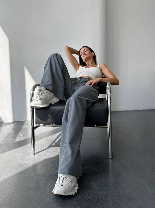 Женские базовые легкие брюки палаццо лён Графит, 46/48 Одесса - изображение 3