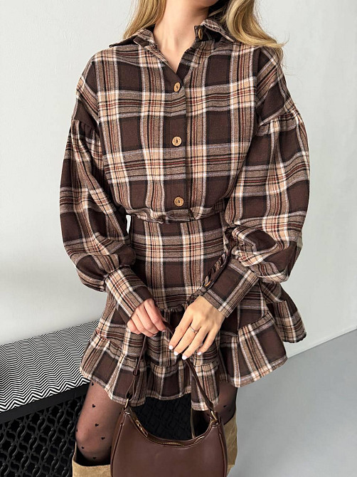 Жіночий стильний костюм-двійка: сорочка та спідниця в карту тіар Шоколадний, 42/44 Одеса - фото 9