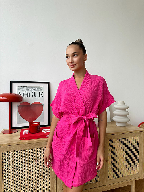 Халат жіночий літній бавовна з мусліну короткий COSY Hawaii з коротким рукавом на запах з кишенями малиновий Одеса - фото 6