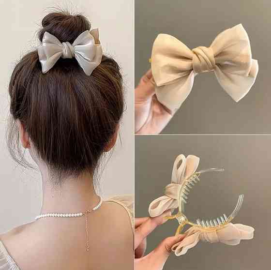 Бежевый крабик-зажим для волос с бантом – нежный аксессуар для девочек Киев