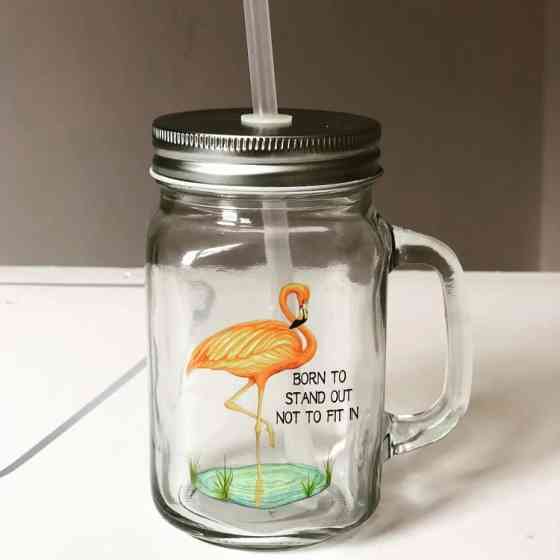 Банка с ручкой, крышкой и трубочкой Фламинго 450 мл Винница