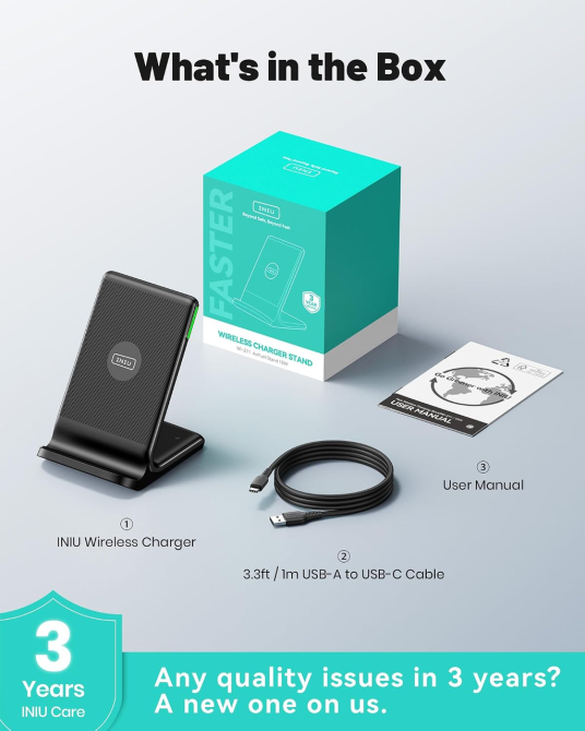 Бездротова зарядка INIU WI-211 15 Вт Qi, підставка для iPhone Samsung Google, USB-C, подвійна котушка, LED Київ - фото 9