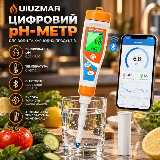 Цифровий pH-метр UIUZMAR для продуктів і води, Bluetooth, додаток, ATC, вимірювання pH і температури Київ