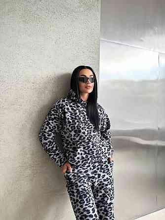 Женский теплый леопардовый костюм двойка: худи и штаны турецкий двусторонний полар флис 44/46 Одесса