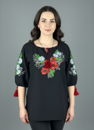 Жіноча чорна натуральна вишиванка Маки з ромашками Київ