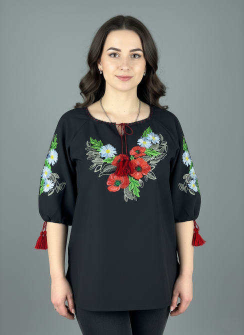 Жіноча чорна натуральна вишиванка Маки з ромашками Київ - фото 2