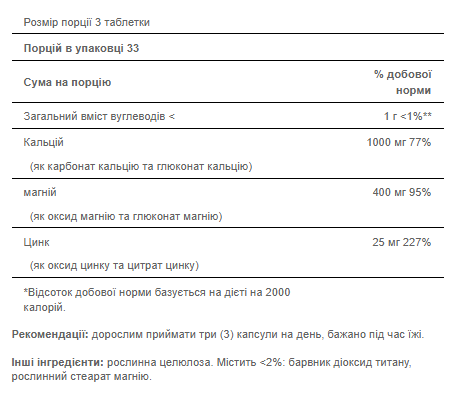 Calcium Magnesium Zinc - 100caps Луцк