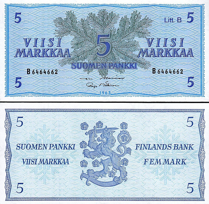 Фінляндія / Финляндия / Finland 5 Markkaa 1963 Pick 106А UNC Полтава - изображение 1