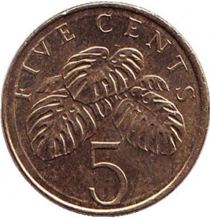 Монстера деликатесная. Монета 5 центов. 1997,87 год, Сингапур.(БК) Полтава - изображение 1
