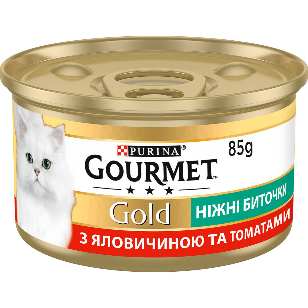 Вологий корм GOURMET Gold "Ніжні биточки" для дорослих котів, з яловичиною та томатами, 85 г Київ - фото 1
